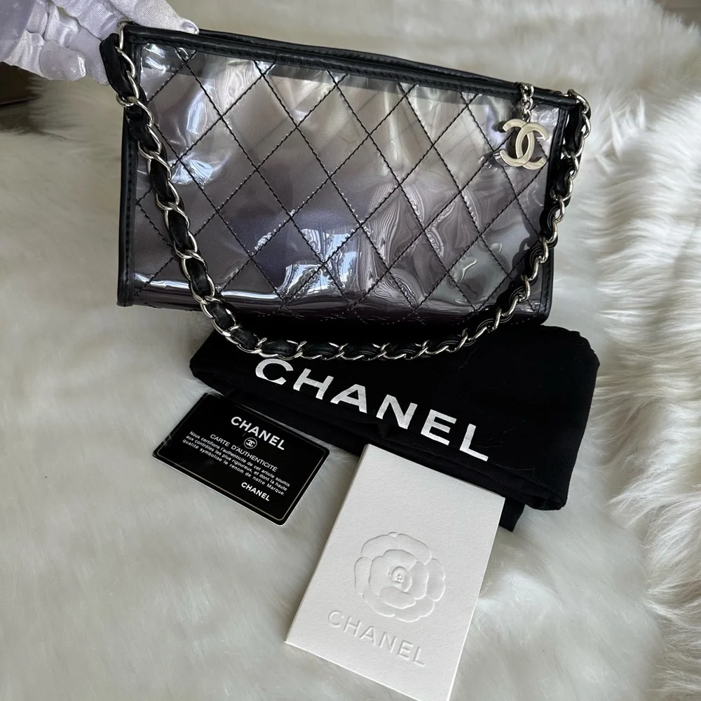 CHANEL Silver Quilted PVC Shoulder Bag with Black Trim
